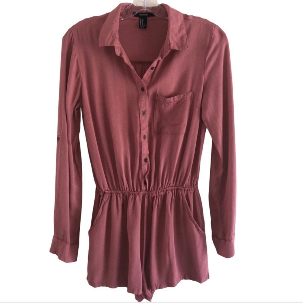 Forever 21 Collared Romper Size S Button Up Long Sleeves Pockets Terracotta Pink